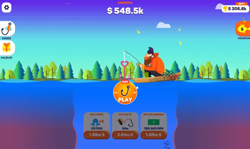 Tiny Fishing boat at MAX PLAY with $548.5k earnings, 29 Max Fishes, 30m Max Depth, and 189.3k$ a minute Offline Earnings