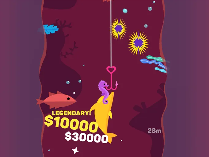 Tiny Fishing rare $20 fish on the hook at 5 meters, next to a green fish and a clownfish