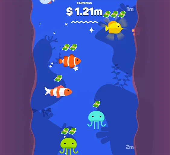 Tiny Fishing earnings of $505 above the water, with a hooked fish trailing cash