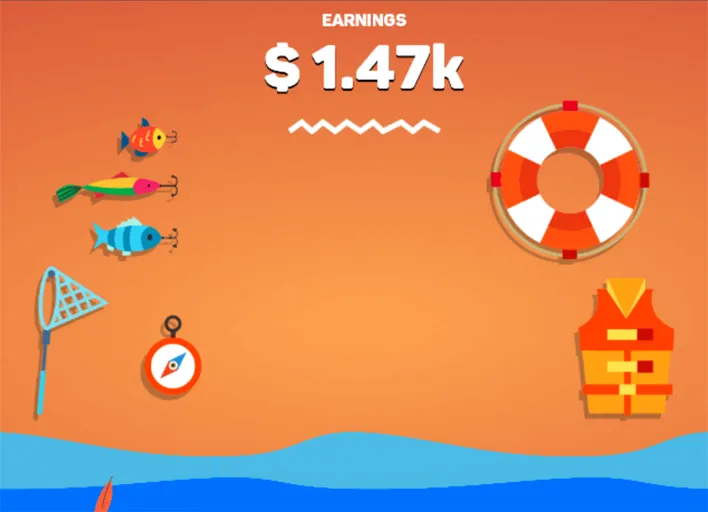 Tiny Fishing boat deck showing $1.47k earnings, lure fish, a net, a compass, a life ring, and a life vest