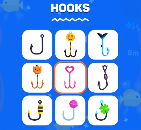 Tiny Fishing HOOKS screen with nine hook icons and the first hook outlined in orange