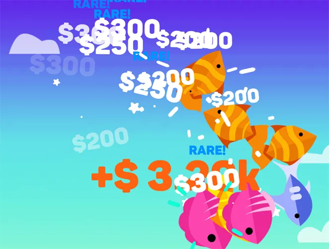 Tiny Fishing catch breaking the surface for +$575, with rare and legendary payouts around the fish