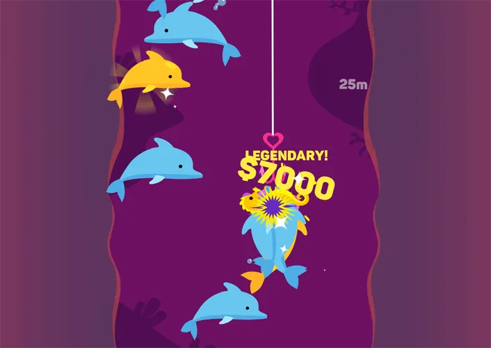 Tiny Fishing legendary $70.00 catch at 25 meters, with blue and yellow dolphins around the hooked fish