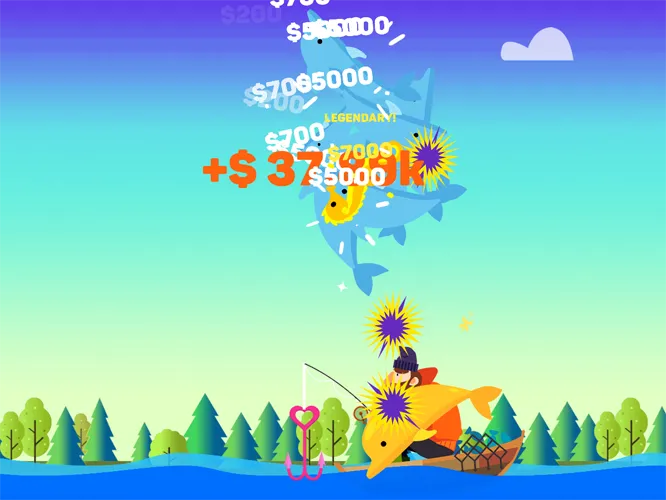 Tiny Fishing large +$ payout above the boat as fish burst out of the water with a legendary label