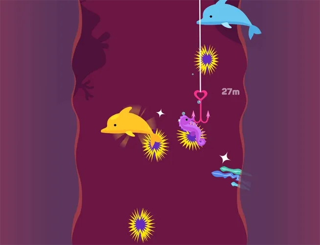 Tiny Fishing pink heart hook at 27 meters next to a purple seahorse, a yellow dolphin, and yellow and purple bursts