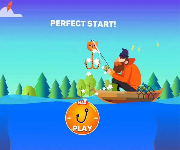 A fisherman in a boat above the PLAY dial, with MAX at the top and MIN on both sides
