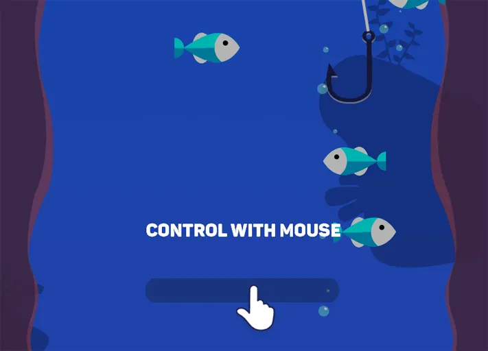 A hook underwater beside two fish, with a CONTROL WITH MOUSE bar and a hand cursor