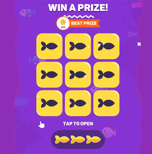 The Win a Prize board with nine yellow fish tiles, a best prize badge, and a tap to open prompt